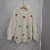 Women's Wear 2024 Autumn And Winter New Lazy Strawberry Decorated Color Pullover Long-Sleeved Knitted Sweater-Outfit