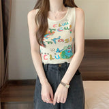 Fongt New Retro Small Vest Women Wear Chic Print Slime Sleeveless Knitting