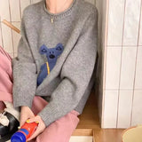 Fongt Shot 2024 Winter New Sweet Age Reduction Leisure Cartoon Embroidery Round Collar Inserted Shoulder Sleeve Sleeve Sweater Women-Outfit