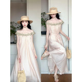 Fongt Atmosphere Feeling A Word Shoulder Pink Dress Women's Seaside Vacation High-End Fairy Dress