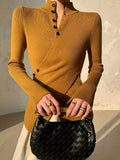 Fongt Women's New Sweet Spicy Knitted Shirt Cross Button Autumn And Winter Slim Solid Color Temperament Top Lady