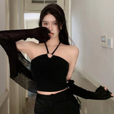 Women Tank Tops Solid Color Halter Sweet Camisole Slim Sexy Exposed Navel Crop Top-Outfit