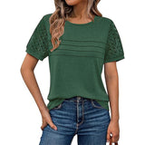 Fongt Summer New Women's Casual Loose Round-Neck Lady T-Shirt Solid Color Lace Splicing