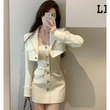 Sets Roupas Femme Temperament 2 Piece Women Chic Tassel Long Sleeve Crop Coat Mini Bodycon Dresses Suit Y2k Outfits-Outfit