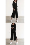 Fongt Wind Knitted Set Of Trousers Autumn New V-Neck Top + Open Wide Leg Pants Fashion Temperament Two-Set