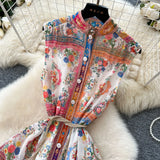 Fongt Style Niche Elegant Sleeveless Single Buckle Print Roll Dress Women Fashion Thin Dress