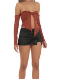 Women Summer Mesh Sheer See Through T-shirts Crop Tops Solid Color Off Shoulder Front Split Knotted Tees Shirts 2024-Outfit