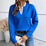 Fongt 2025 New Fashion Lace V-Neck Sweater Solid Color Loose Long-Sleeved Knitwear Shirt