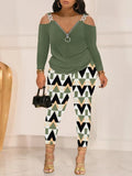 Autumn And Winter Women's Wear New Shoulder Spliced Long-Sleeved Printed Trousers Two Sets-Outfit