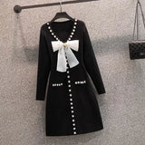 Winter Warm Knitted Sweater Dresses French Vintage Long Sleeve Pearl Beading Bow V Collar Long Sleeve