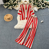 Fongt Women's Summer V-Neck Loose Knitted Cardigan Top + Broad Leg Trousers Set With Striped Hollow Set