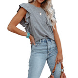 Fongt 2025 Women's Hot-Selling Round-Neck Double-Layered Lotus Leaf Tops Short-Sleeved Women's T-Shirt
