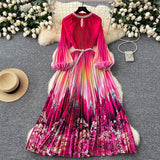 Fongt Elegant Dress Women Fashion Nail Ball Collar Hollow Pressure Folding Lantern Sleeves To Print Long Skirt