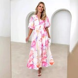 Fongt Women's Summer New Flower Print Bubble Sleeve A-Shaped Long Dress Temperament Dress