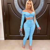 Up Drawstring Two Piece Set Women Off Shoulder Crop Top Ruched Stacked Pants Elegant 2 Piece Set Club Outfits Matching Sets-Outfit
