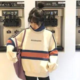 Hoodie Women Turtleneck Thicker Plus Velvet Warm Harajuku Printed Pullover Women Oversize Patchwork Leisure Chic