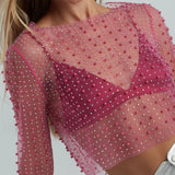 Fongt New Explosion Super Fairy Sexy Lace Jersey Bright Diamond Inside And Outside Wearing Mesh Long-Sleeved Top