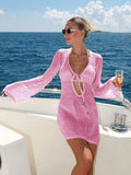 Fongt Beach Dress Sexy Hollow Perspective Knitted Long-Sleeved Bikini Shirt Sunscreen Woman