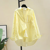 Fongt Shirt 2025 Spring And Autumn Casual Polo Collar Long Sleeve Stripe Loose Retro Stripe Commuting Top Lady