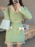 Winter Sweet Tweed Plaid Skirt Sets Women Cute Bow Woolen Jackets Mini Skirts Green Elegant Suit Female New 2 Pieces Sets-Outfit
