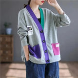 V-Neck Cardigan Stylish Streetwear Single-breasted Casual Solid Color Patchwork Contrasting Colors Autumn Winter Sweaters-Outfit