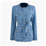 Vintage Blue Denim Jacket With Belt Waisted Ripped Hole Women Coat 2022 Spring Long Sleeve Pockets Streetwear