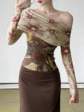 Fongt Cloth Forgets Ancient Butterfly Tie-Dye Print Shoulder Asymmetric Tsets Hottie Wind Tight Short T-Shirt