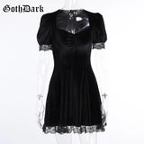 Dark Velvet Romantic Gothic Vintage Black Mini Dresses Women Lace ALine High Waist Emo Alt Clothes Pleated Partywear
