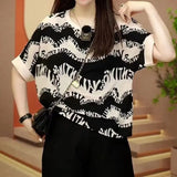 Abstract Letter Printed T-shirt Women's Clothing Korean Loose Short Sleeve 2023 Summer Stylish Patchwork O-Neck Pullovers-Outfit
