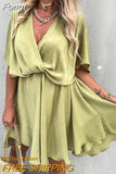 Summer Office Lady V Neck Solid Dress Patchwork Loose Ruffles High Waist Dress Women Casual Short Sleeve Streetwear