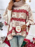 Fongt And Winter Sweater New High-Collar Christmas Sweater Elk Bump Pattern Bat Sleeve Sweater