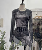 Real Shooting Babes Long Sleeves And Jersey Net Yarn Dye Printing Irregular Lotus Leaf Edge Ribbon Folding Top