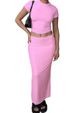 Summer 2 Pieces Sets Women Outfits Solid Color O-neck Short Sleeve Slim Fit Basic T-Shirts Crop Tops Long Skirts 2023-Outfit