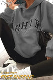 Hoodies Women Vintage 2023 Letter Print Hooded Shirt Long Sleeve Loose Pullover Streetwear Winter Oversized Sweatshirt