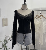 Fongt Shooting Merard Wind Strapted Bow Splicing Lace Pure Desire Blouse Folding Body Short Blouse 6015