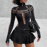 Fongt 2023 New Hot Girl Hollow Hole Spider Web High Collar Slim Onesie