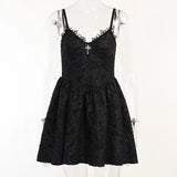 Dark Mall Gothic Aesthetic Scratched Women Dresses Grunge Lace Trim V-neck Elegant A-Line Dress Punk Bodycon Alt