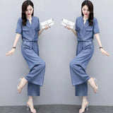 Fongt Cowboy Broad Leg Pants Set Summer Large Size Cover Thin Mother Casual Loose Ocean To Lose Age Thin Two