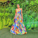 Fongt Summer New Women's Wish Dress Holiday Print Shoulder Slings Long