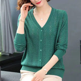 Fongt Summer Empty Hollow Coat Casual Long Sleeve Loose Knit Cardigan Women's V-Neck Thin Top-Outfit