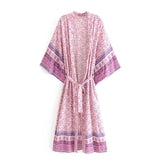 Location Floral Print Long Kimono Shirt Beige Hippie Women Lacing up Tie Bow Sashes Long Cardigan Loose Blouse Tops