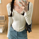 Girls Tight Agaric Edge V-Collar Long-Sleeved T-Shirt Women's Autumn New Thin Bottom Shirt Soft Waxy Inner Coat-Outfit