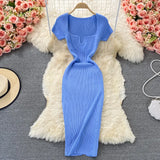 Fongt Thin Collar Knitted Dress Short Sleeve 2025 Summer New Temperament Sexy Hot Ass Long Skirt