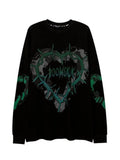 Gothic Punk Green Print Long Sleeve T-shirts Women Grunge Oversize Harajuku Streetwear Hippie O-neck Black Top