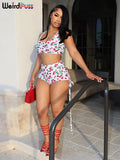 Cherry Print Women Tracksuit 2 Piece Set Y2K Casual Tank Tops+Shirring Shorts Stretch Simple Matching Streetwear Outfits-Outfit