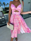 Fongt Summer New Fashion Socialite Deep V Hollow-Out Big Skirt Spread Slit Halter Dress Dress 23017-Outfit