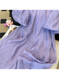 Summer Women's Purple Short Bubble Sleeve Round Neck Elegant Dresses Spring Casual Loose Mini Dresses Ladies