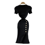 Fongt Version Of The Solid Color Collar Buckle Body Short Sleeve Elastic Knitted Forked And Left-Sleeved Dress 0022