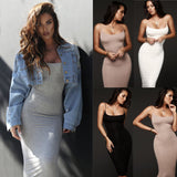 Women Lady V-Neck Pencil Dress Solid Color Backless Spaghetti Strap Bodycon Slim Slip Dress Summer Beach