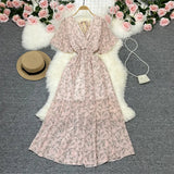 Fongt Wind Temperament Sweet Broken Flower V Collar Dress Beach Vacation Snow Spinning A Word Long Skirt-Outfit